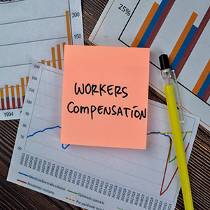 Sticky note reading Workers Compensation on top of charts with a pen and pencil.